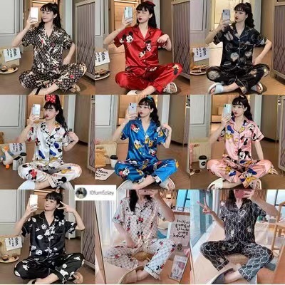 {ราคาถูกที่สุด}ชุดนอนผ้าซาตินสุดฮิต，มีลวดลายการ์ตูนให้เลือกถึง 12 แบบ，กางเกง + ด้านบน，M-2XL
