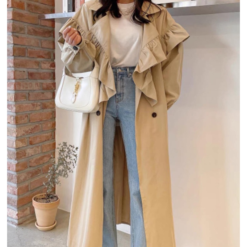 [กรอกโค้ด JMTACWN ลดเพิ่ม!](พร้อมส่ง) Korea Trenchcoat โค้ทกันลมเกาหลี ปกใหญ่ ระบายชาย น่ารักมากก