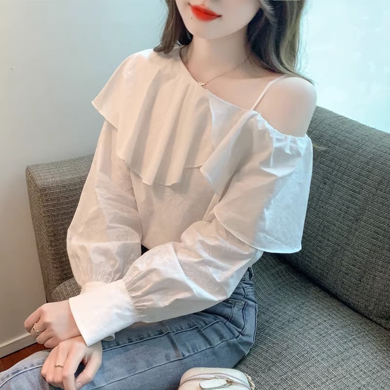 MC017 เสื้อลำลองใส่เที่ยว แขนยาวพองๆน่ารัก แต่งพริ้วๆสีขาว free size พร้อมส่งสไตล์เกาหลีแฟชั่น - รูปที่ 4