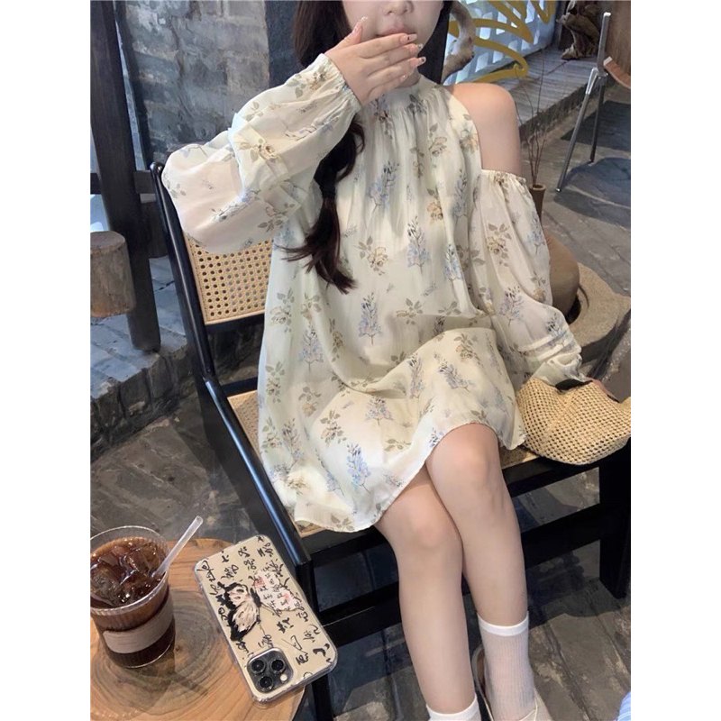 Zeza2shop ❤️ Creamy Lily (lily) เดรสโชว์ไหล่ครีมดอกละมุนป้าย ypy