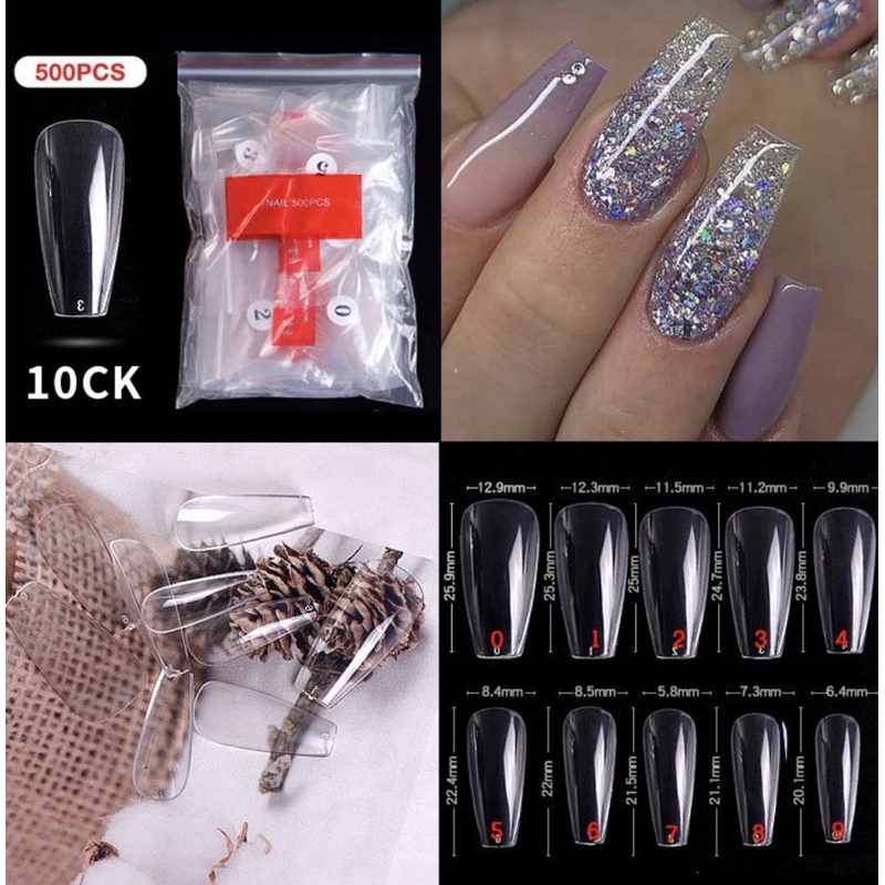 เล็บPVC รหัส10 ทรงบัลเล่ยาวกลาง 500 ชิ้น/แพค มีเบอร์ 0-9