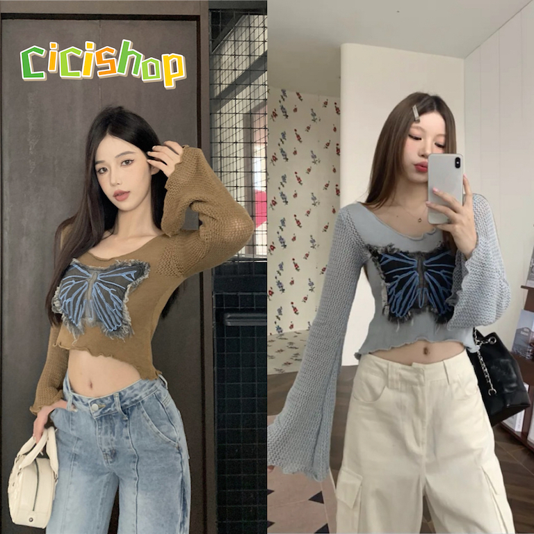 Cicishop(C1698)เสื้อไหมพรมถักแขนยาว ปักลายผีเสื้อ สไตล์ Y2K สาวๆไม่ควรพลาด