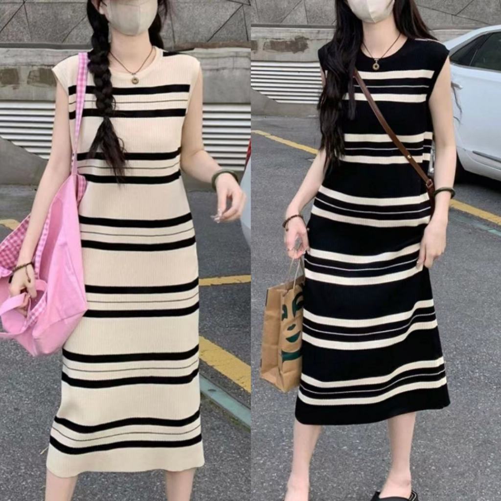 MiKi-Shop*พร้อมส่งชุดเดรสไหมพรม ดีเทลลายทางใหญ่ใส่สบาย 12375*