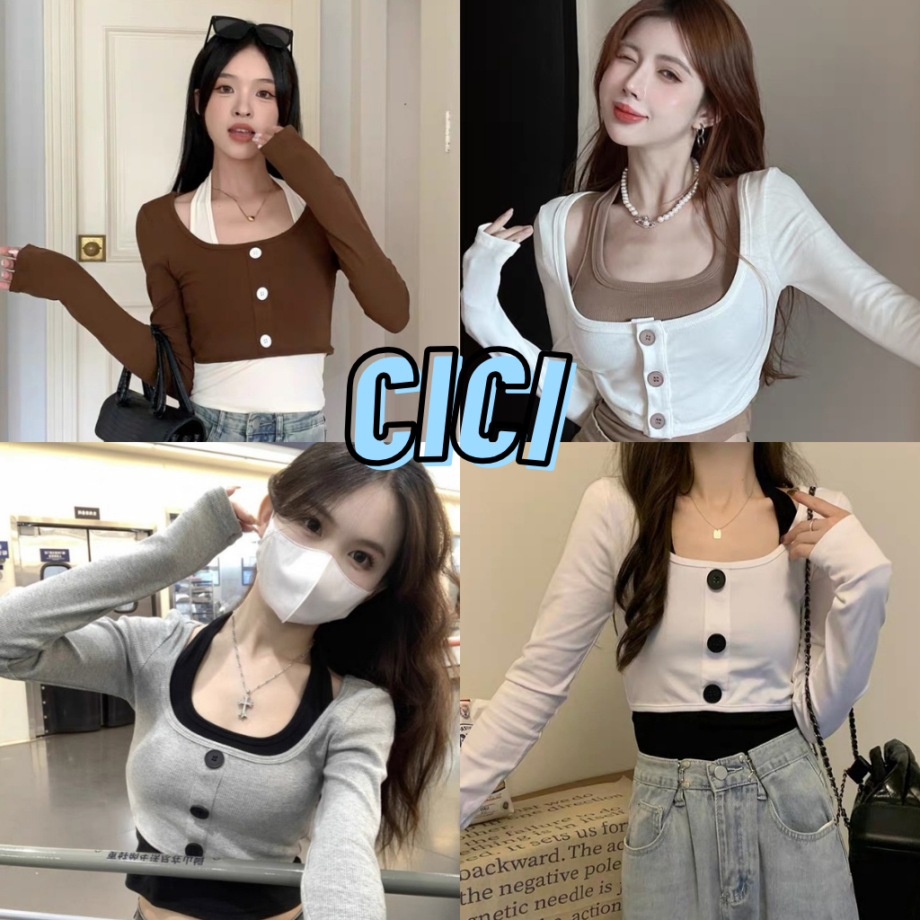 Cici(NO.J793)SET 2 ชิ้น สายเดี่ยวคล้องคอ+เสื้อคลุมคอกว้างแขนยาว ดีเทลกระดุมหน้า สีพื้น ใส่แมตท์กับลุคไหนก็สวย