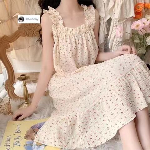 (ราคาต่ำสุด)ชุดนอนสตรียอดนิยม，กระโปรงฤดูร้อน，ผ้าฝ้ายบับเบิ้ล，ลายดอกไม้，3 สี，M-2XL