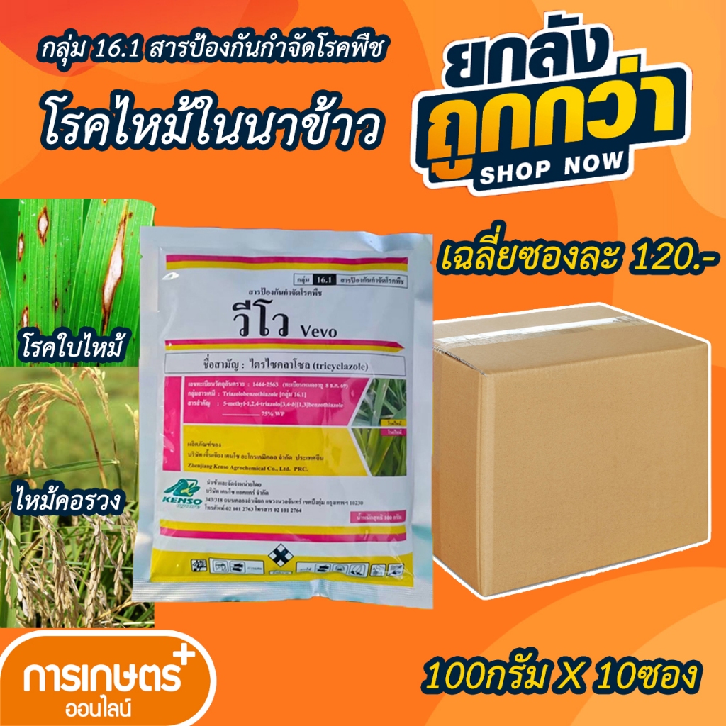 วีโว ไตรไซคลาโซล 75ดับบลิวพี 100กรัม 10ซอง (ไตรไซคลาโซล) ป้องกันโรคไหม้ในนาข้าว ไหม้คอรวง