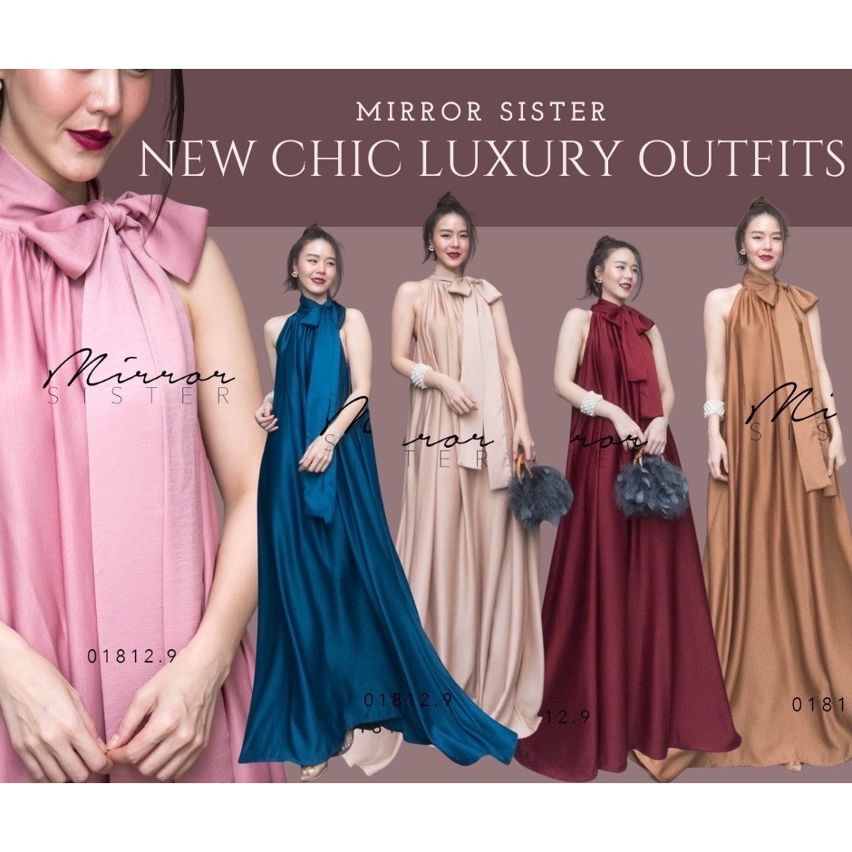 Mirrorsister 01812.9 เดรสออกงาน เดรสแขนกุดผูกคอโบว์ เนื้อผ้าซาตินสวยหรู ช่วงล่างเป็นกระโปรงทรงเอบาน