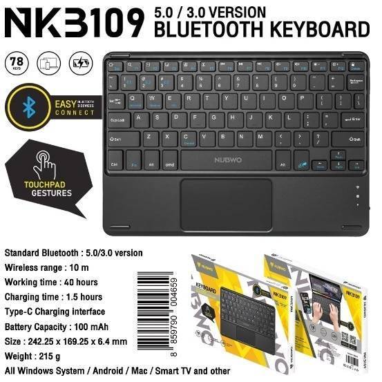 💢คีย์บอร์ดบลูทูธ NUBWO NKB-109 Bluetooth Keyboard+Touchpad 78Key บางเบา แป้นพิมพ์บลูทูธภาษาไทย มีแบตในตัว📌