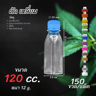 (150 ขวด)ขวด PET ทรงตัดเหลี่ยม 120ml แพ็ค พร้อมฝา