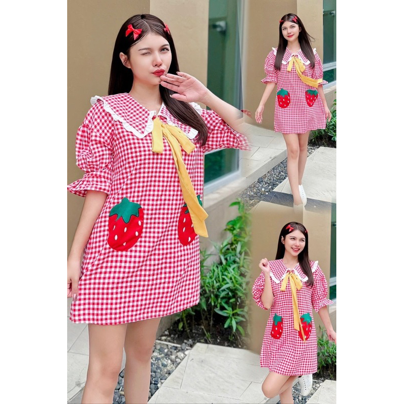 Zeza2shop ❤️(strawberry)Strawberry Duo (strawberry) เดรสสก็อต สตรอเบอรี่ป้าย ypy