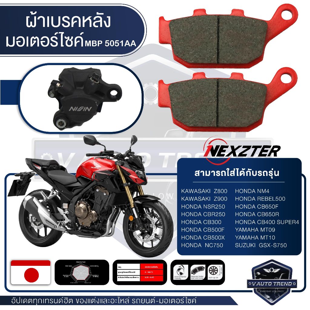 NEXZTER ผ้าเบรคหลัง เบอร์ 5051AA Z800,Z900 / NSR250,CBR250,300,NC750,NM4,REBEL500,650F,650R,400 /  GSX-S