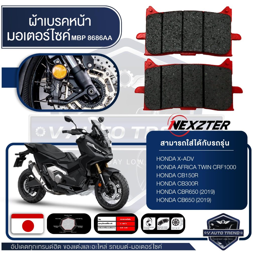 NEXZTER ผ้าเบรคหน้า 8686AA HONDA X-ADV,AFRICA TWIN,CRF1000,CB150R,CB300R,CBR650 (2019),CB650 (2019) 