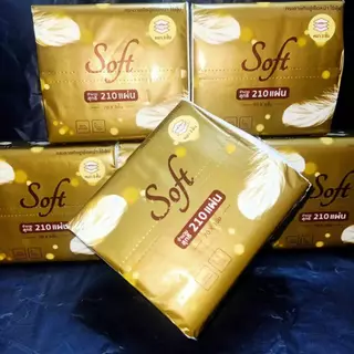 [S-ยกหิ้ว 10ห่อ](พร้อมส่ง) Soft กระดาษทิชชู่ทอง ระดับพรีเมี่ยม ขนาด 9x10 cm จำนวน210แผ่น หนา3ชั้น ราคาถูก คุณภาพดี