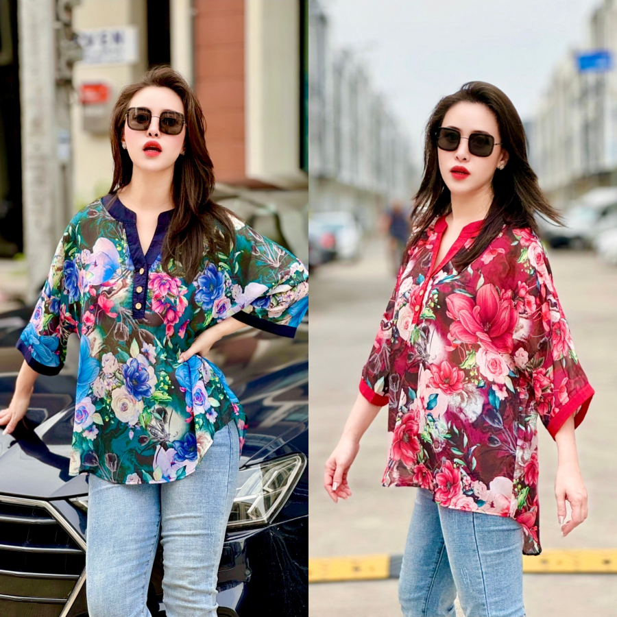 Lynlalin เสื้อคอจีน ทรงหน้าสั้นหลังยาว ผ้าซิลค์ญี่ปุ่น สัมผัสผ้านุ่มใส่สบาย ลายดอกสวยสด ต้อนรับเทศกาลสงกรานต์ Scarlett