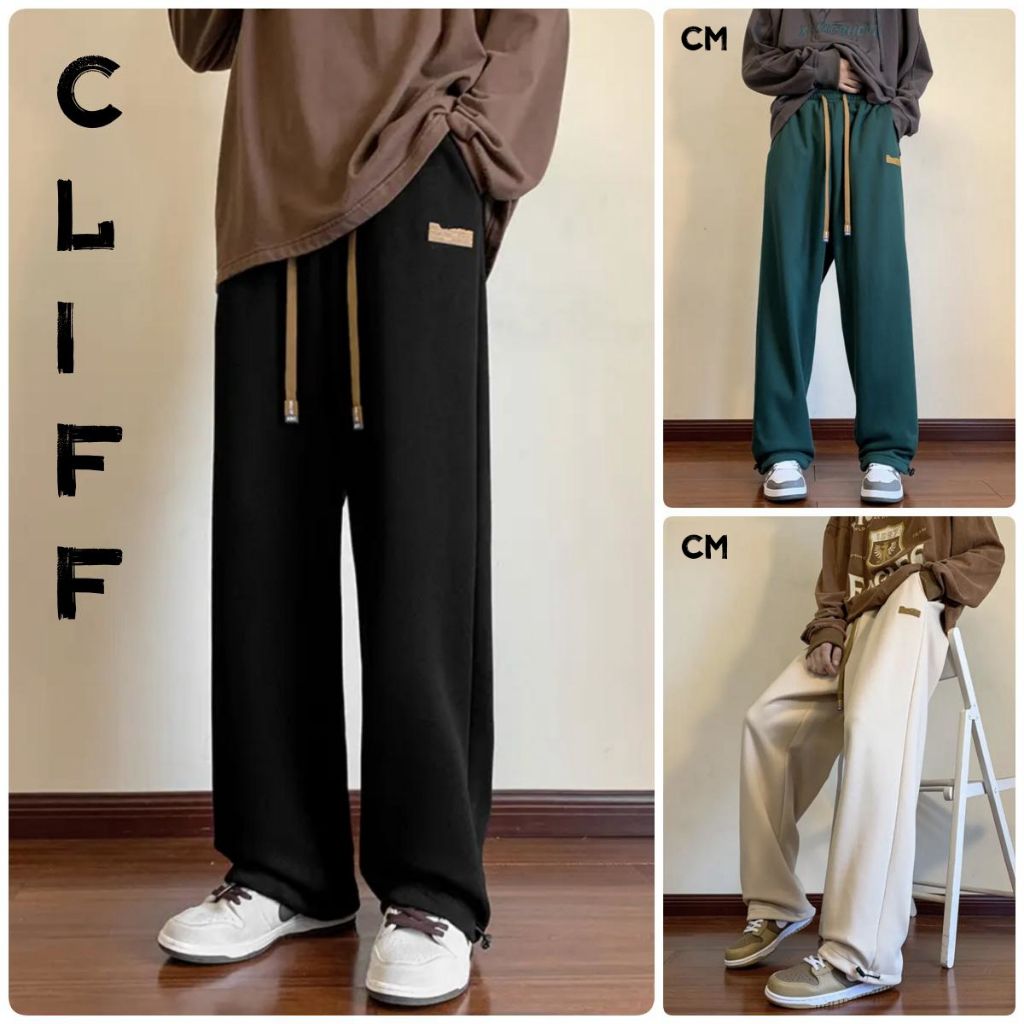 CLIFF กางเกงลำลองผู้ชาย เชือกแฟชั่น ตกแต่งโลโก้ไม่ซ้ำใคร เอวยางยืด การผูกเท้า สามสี M-3XL