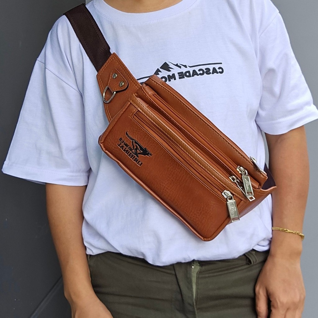 กระเป๋าคาดอก คาดเอว 5ช่องซิป ใบเล็กกะทัดรัด หนังPU อย่างดี แบรนด์ WOLVES ORIGINAL 100%