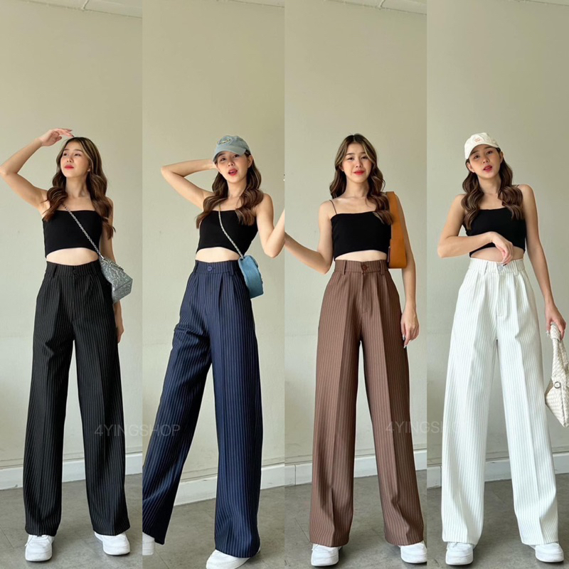 กางเกงขากระบอกเอวสูง งานป้าย 4YING SHOP ไซส์s ลายริ้วสีกรม ซิปหน้า มีกระเป๋าหน้า2ข้าง ผ้าดีมากกก