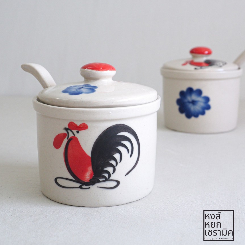 โถเครื่องปรุงเซรามิค ลายไก่ หม้อเครื่องปรุง 4 นิ้ว โถใส่น้ำจิ้ม โถพริกน้ำปลา พร้อมช้อนเซรามิค