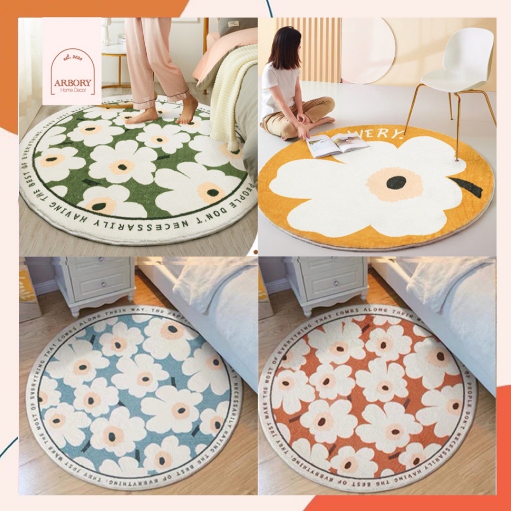 พรมกลมลายดอก ขนาดใหญ่ 100x100 cm ปูห้องนอน แต่งห้อง ซักเครื่องได้ มีกันลื่น