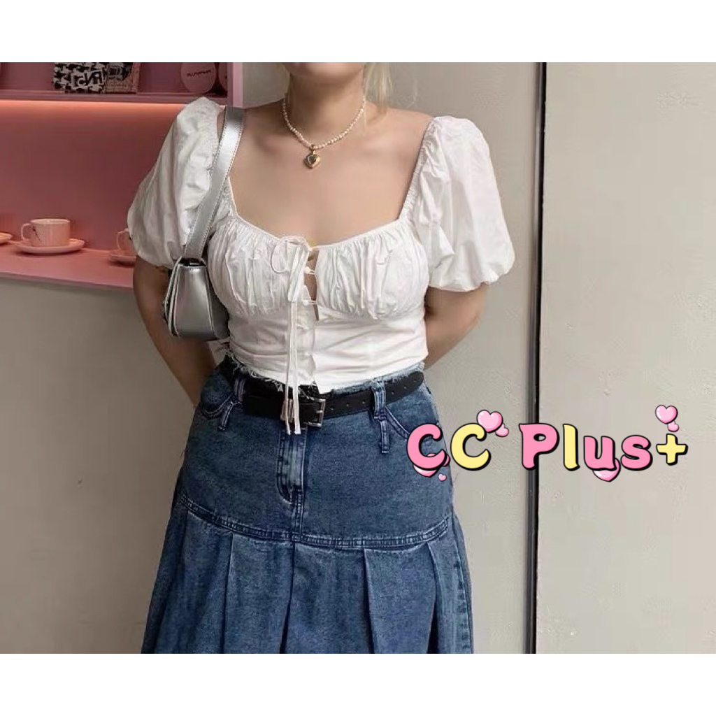 Cici Plus+(N3135) เสื้อครอปแขนจั๊ม ดีเทลสม๊อกหลัง แต่งลูกเล่นด้านหน้าและมีเชือกผูก น่ารักเหมาะสำหรับสาวพลัสไซส์