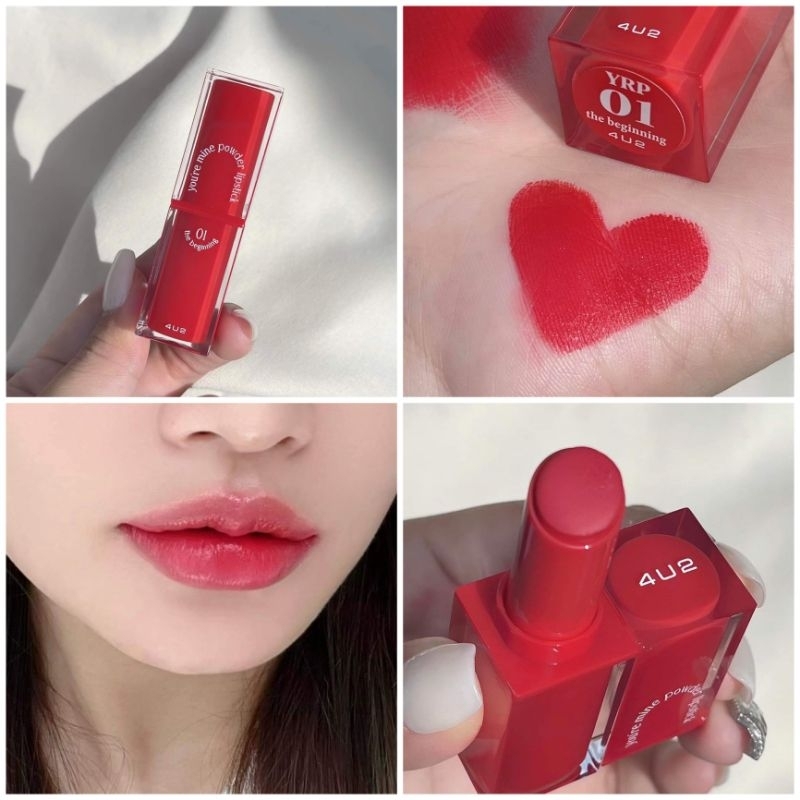 ลิป 4U2 คอลใหม่ เบอร์ 01 the beginning สีแดงสดสวยมาก ขับผิว ทาตา,ปาก,แก้มได้หมดนะ ไม่เหนอะหนะ ชอบมากกกก