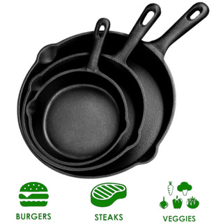 Pre-Seasoned Cast Iron Skillet Set กระทะเหล็กหล่อ มีด้ามจับ กระทะเหล็กหล่อก้นลึก 16/20/26cm