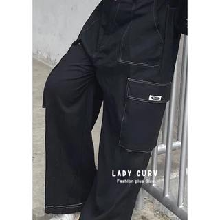 (LC) กางเกงขายาวเอวสูง คาร์โก้ทรงบอย ตะเข็บคู่ตัดกับสีผ้า Detail กระเป๋ากล่องใหญ่ เสื้อผ้าสาวอวบอ้วน พลัสไซส์ ไซส์ใหญ่