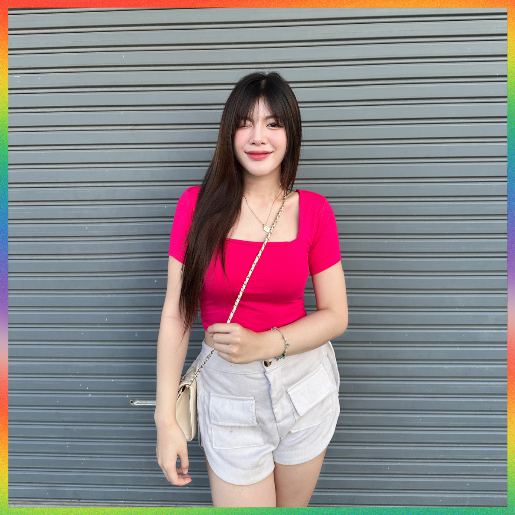 🌈MesubShop🌈เสื้อครอปแขนสั้น คอเหลี่ยม ใส่แล้วพรางหุ่นสุด 💚 ผ้าเรย่อนสาวอวบใส่แน่นอนค่า  รุ่น 193 M304A