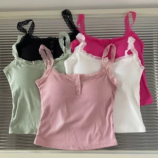 ❣️B-227❣️สายเดี่ยวลูกไม้ ดีเทลสายลูกไม้ยืดได้ ฟรีไซส์มีฟองน้ำในตัว กระดุมหน้าติดได้จริง❣️