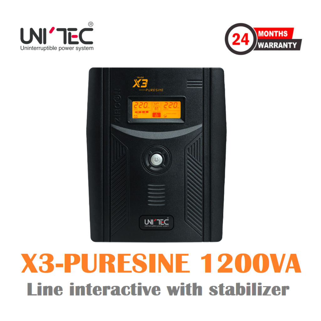 UNITEC UPS X3 PURESINE 1200VA/840W (PURE SINE WAVE)สำหรับคอมประกอบ/PSU80+/iMac/PS4/RIG/ประกัน 2 ปี