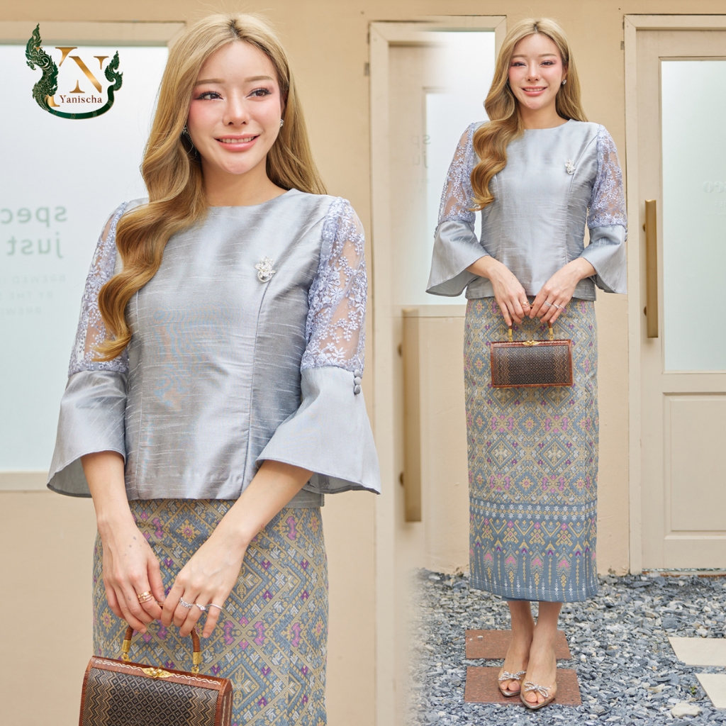 ชุดผ้าไหม  ชุดออกงาน ชุดไปงาน ชุดทำบุญ - ผ้าไหม 4 เส้น เสื้อลูกไม้ฝรั่งเศส (เงินมงคล)