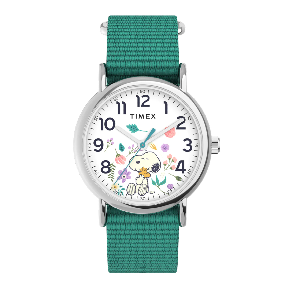 TIMEX TW2V78000 Weekender X Peanuts In Bloom นาฬิกาข้อมือผู้หญิง สายผ้า สีเขียว หน้าปัด 38 มม
