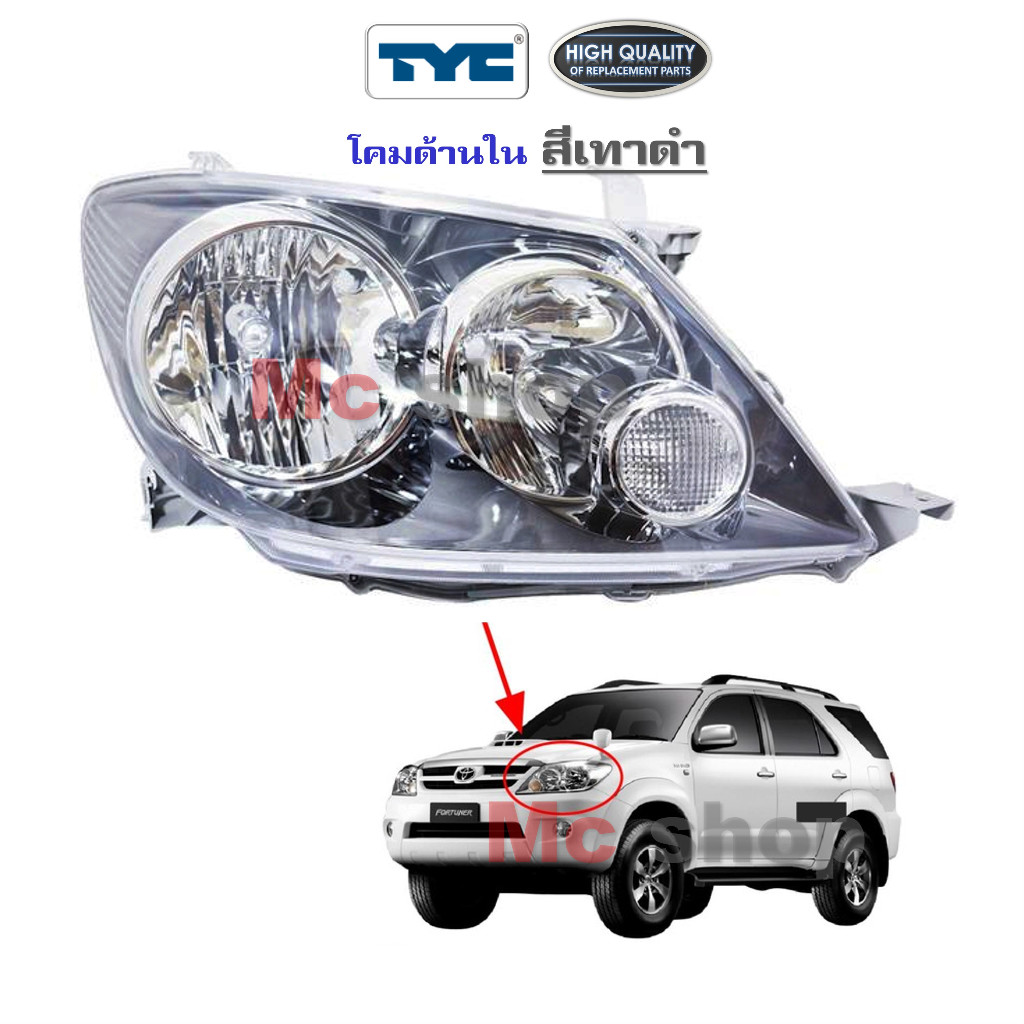 ไฟหน้า ฟอร์จูนเนอร์ 2004 สโมค FORTUNER TOYOTA ปี 2004 - 2009 * ในเทาดำ TYC *