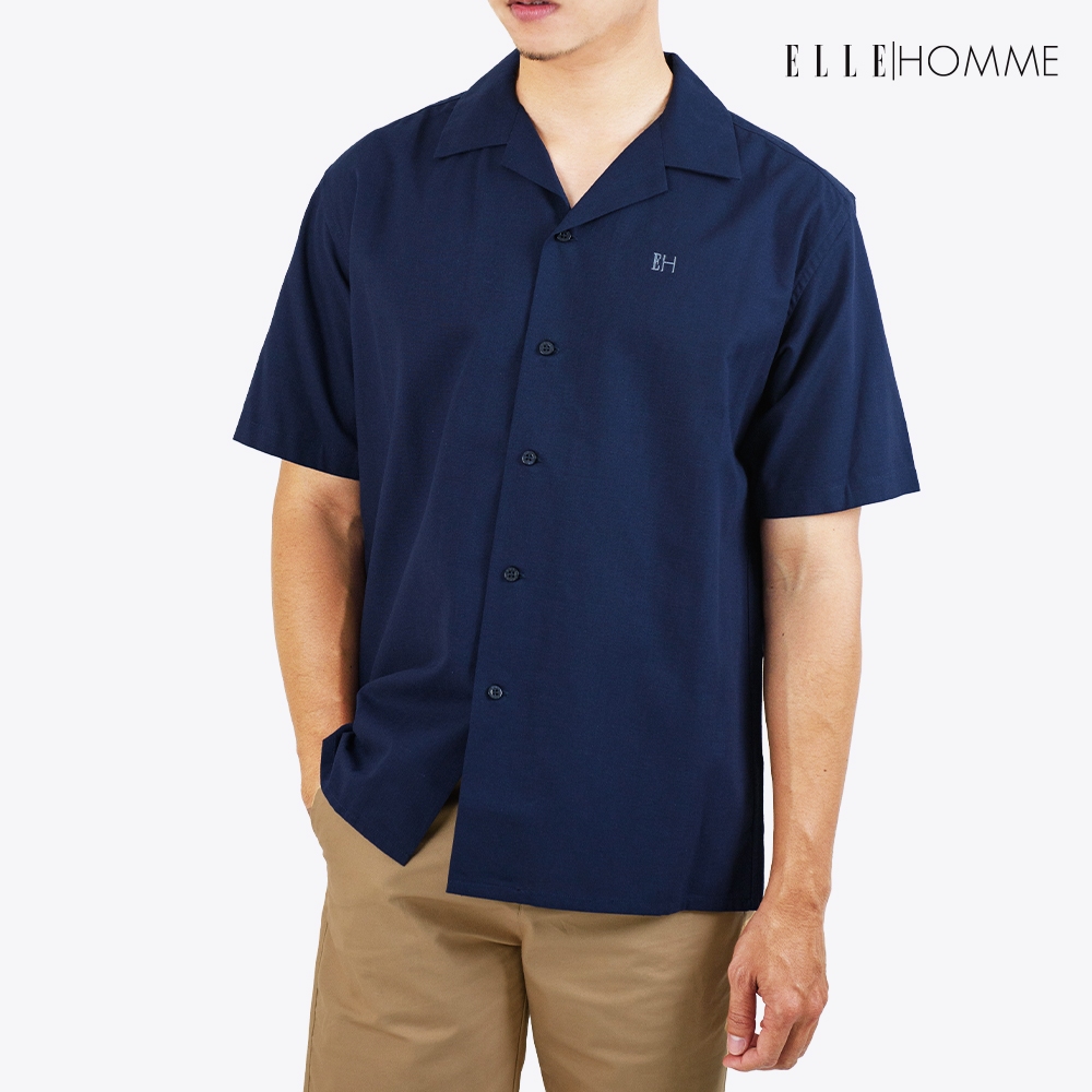 ELLE HOMME | เสื้อเชิ้ตแขนสั้น คอปกเชิ้ต Cotton 100 ทรงโอเวอร์ไซซ์ สวมใส่สบาย ระบายอากาศดี สีกรม | W8B668