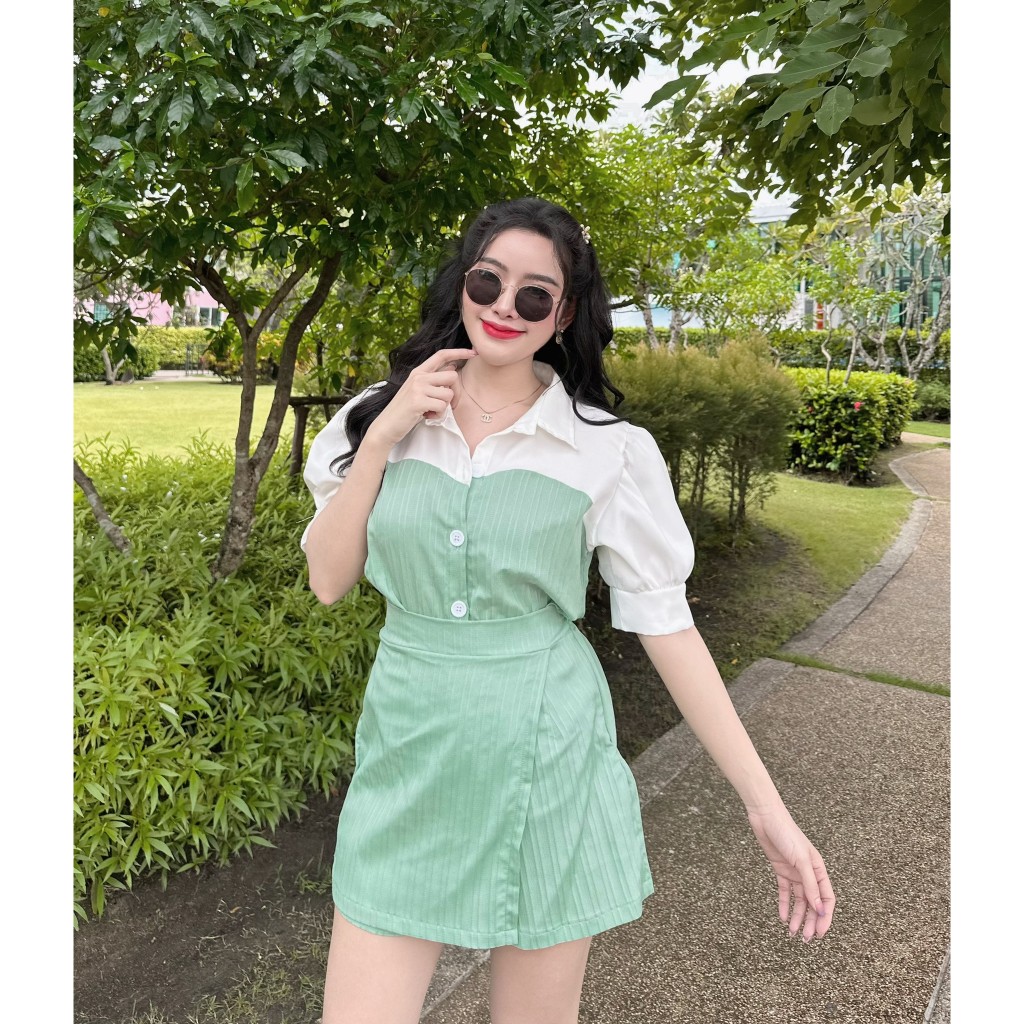 ชุดเซตผ้าด๊อบบี้ เสื้อคอปกแขนตุ๊กตากระดุมหน้าช่วงบนแต่งผ้าโฟว์เวย์+กางเกงกระโปรง (H1,H2,H22) A2169