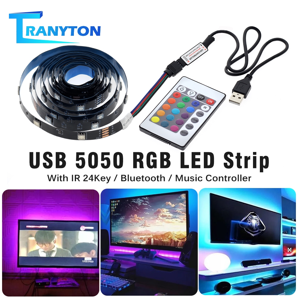 ไฟเส้นRGB LED Strip USB SMD 5050 DIY ไฟเส้น ยืดหยุ่น DC5V 1M-5M RIBBON LED RGB เปลี่ยนไปตามเสียงเพลง ติดตั้งอยู่หลังทีวี