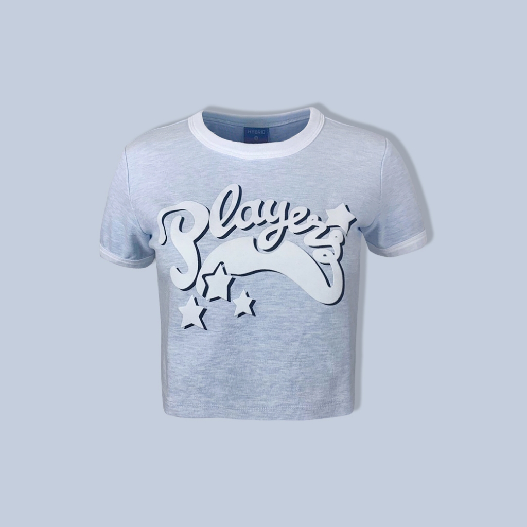 Hybrid T-shirt Women ไฮบริดเสื้อยืดผู้หญิงแขนสั้น ทรงครอป สีฟ้า(Blue)WTS-1037-BU เสื้อสตรีท เสื้อคอต