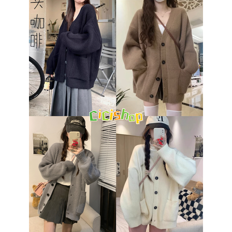 Cicishop(ZB8038)เสื้อไหมพรมคานิแกนคอวีดีเทลกระดุมด้านหน้า กระเป๋าใช้งานได้จริง สไตล์ลูกคุณหนู