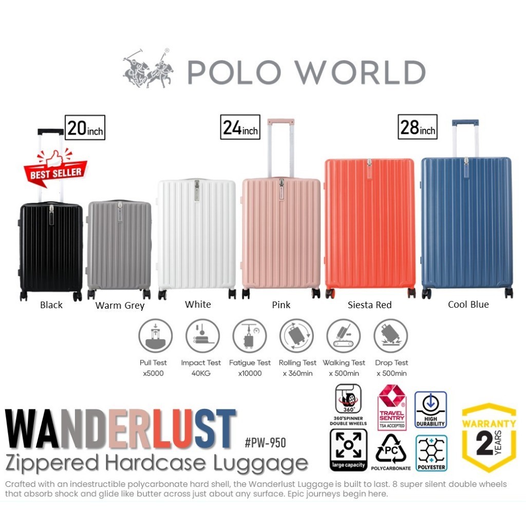 POLO WORLD กระเป๋าเดินทาง PW-950 Wanderlust Hardcase Luggage กระเป๋าเดินทางล้อลาก โปโลเวิล์ด ระบบล็อค TSA รับประกัน 2 ปี