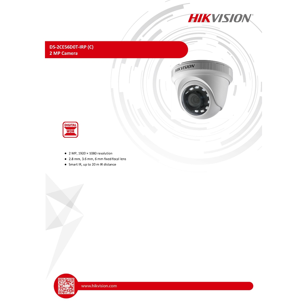 HIKVISION DS-2CE56D0T-IRP (C) (2.8 MM.) กล้องวงจรปิดระบบ HDTVI ความละเอียด 2 MP ปรับระบบไม่ได้ BODY PLASTIC