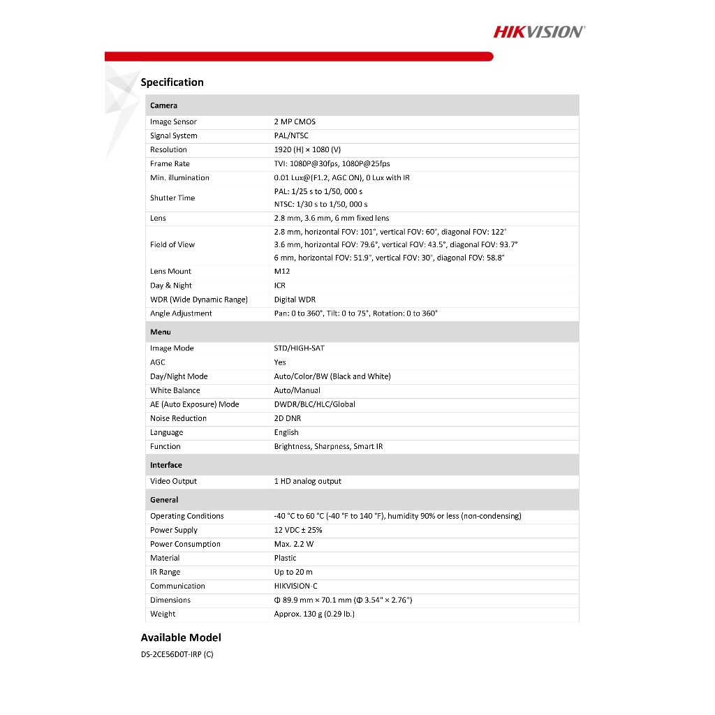 HIKVISION DS-2CE56D0T-IRP (C) (2.8 MM.) กล้องวงจรปิดระบบ HDTVI ความละเอียด 2 MP ปรับระบบไม่ได้ BODY PLASTIC