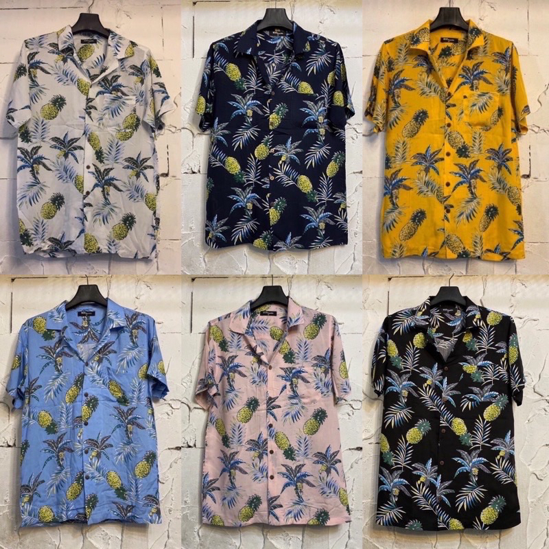 เสื้อเชิ้ตฮาวาย ลายสัปปะรด M-4XL ผ้าสปัน ไม่ร้อน นิ่มสบายไม่อับชื้น ใส่ได้ทั้งชายหญิง