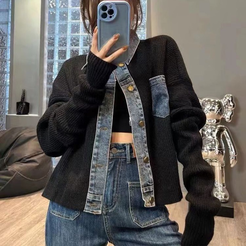 เสื้อไหมพรมแขนยาวแต่งยีน สไตล์เกาหลี พร้อมส่ง