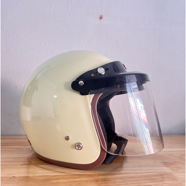 หมวกกันน็อคเต็มใบเปิดหน้า วินเทจ สีครีม สีดำด้าน สีดำเงา (Free size)