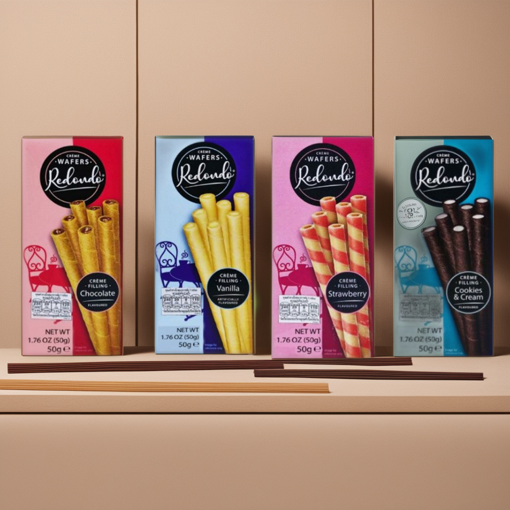 Redondo รีดอนโด้ เวเฟอร์สอดไส้รสชาติฮิต 50g (สตรอว์เบอร์รี่ คุกกี้แอนด์ครีม วานิลลา ช็อกโกแลต)
