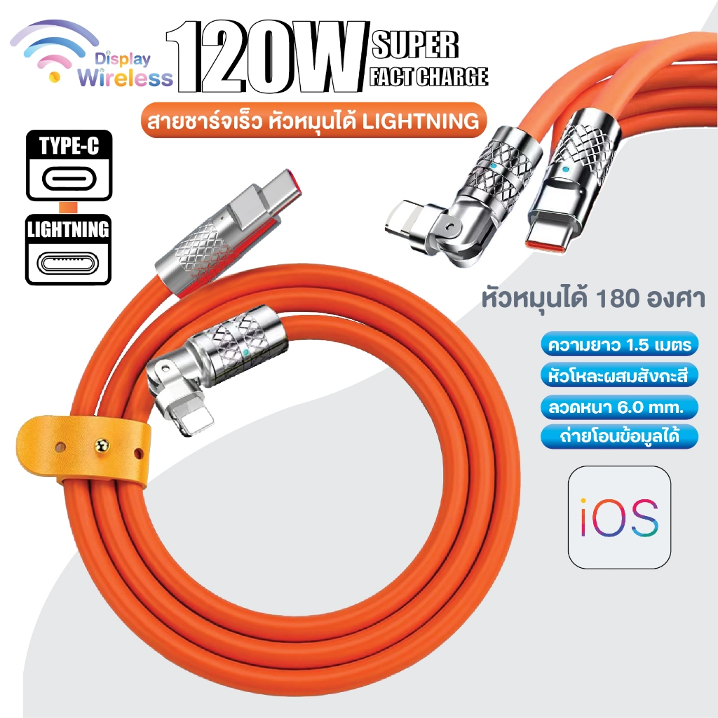 120W สายชาร์จเร็ว Super Fast Charge 1.5 เมตร สายชาร์จ PD สายชาร์จหัวมุมได้ 180 องศา (รับประกัน 1 ปี)