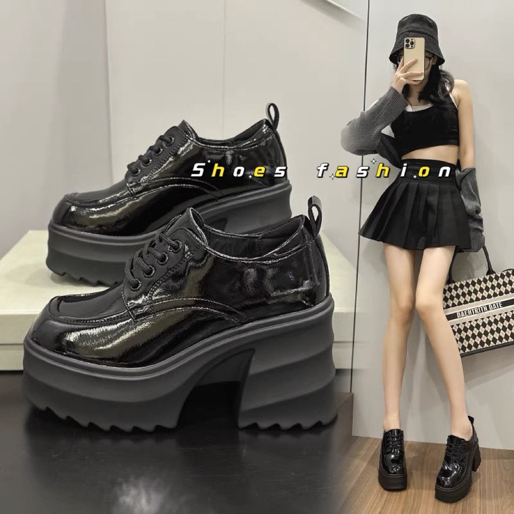 shoes fashion พร้อมส่งจากไทย  TX506 รองเท้าส้นสูง ส้นหนา8cm  หัวกลม แบบผูกเชือก สวมใส่สบาย