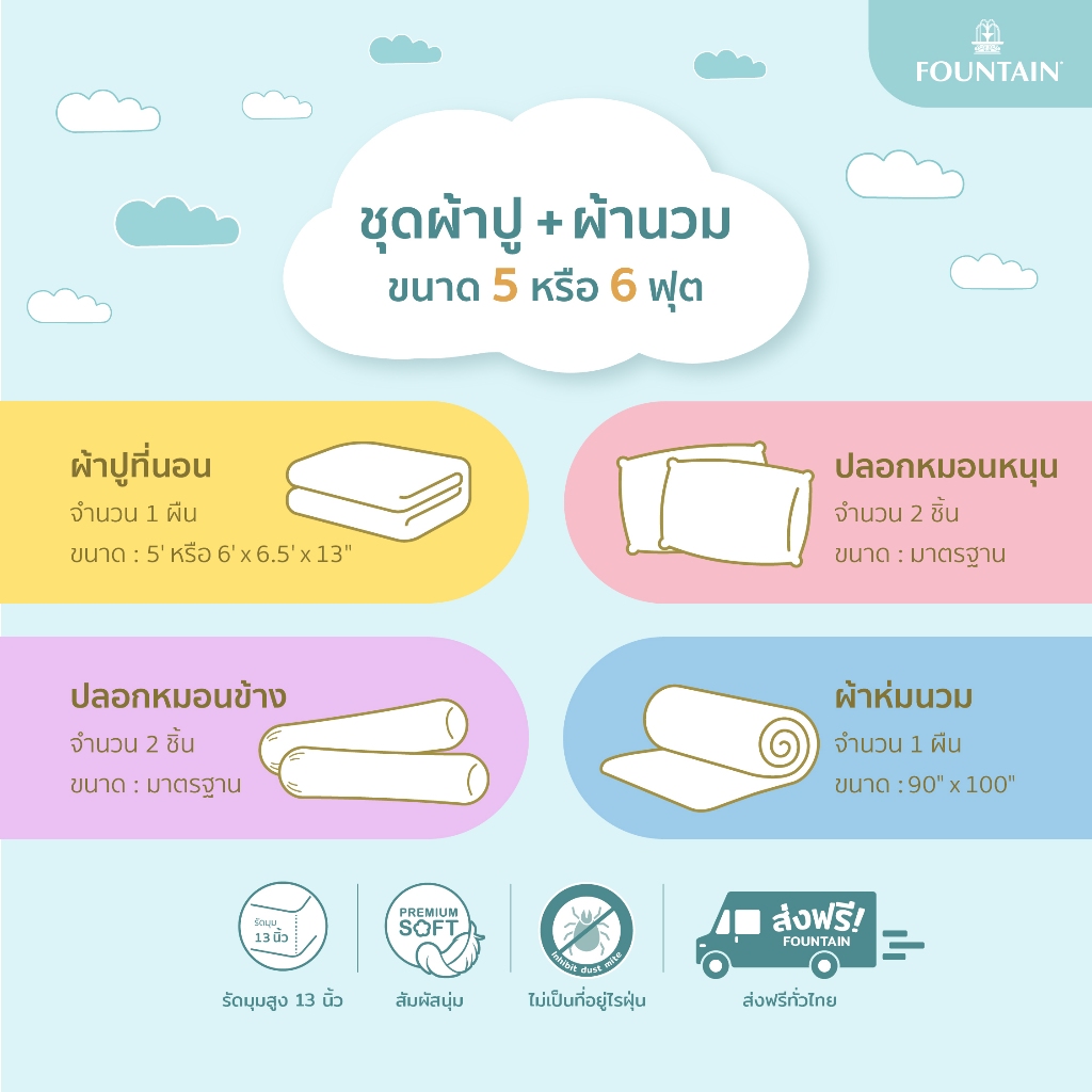 [ส่งฟรี] Fountain FTC139 การ์ตูน Cinnamoroll ลิขสิทธิ์แท้ Sanrio สัมผัสนุ่มลื่นสบาย ชุดเครื่องนอนฟาวน์เทน ผ้าปูที่นอน