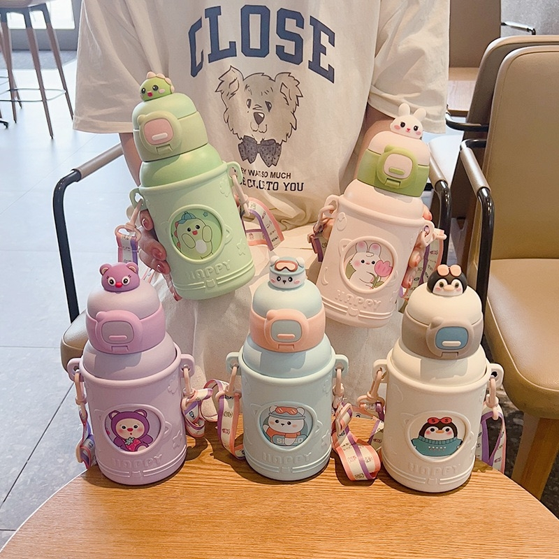 กระติกเก็บอุณหภูมิ กระติกน้ำเด็ก เก็บอุณหภูมิ 500 ML หลอดเด้ง พร้อมกระเป๋าสะพาย เกรด 316 ขวดน้ำสำหรับเด็กH-251