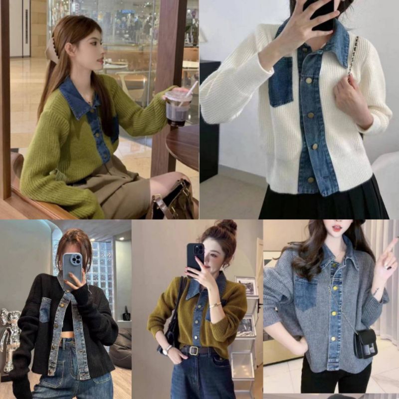 พร้อมส่ง เสื้อไหมพรมแต่งยีนส์จากเสื้อและกระเป๋าแต่งด้วยยีนส์แท้กระดุมทองทรงสวยงานดูดีงานป้าย ypy